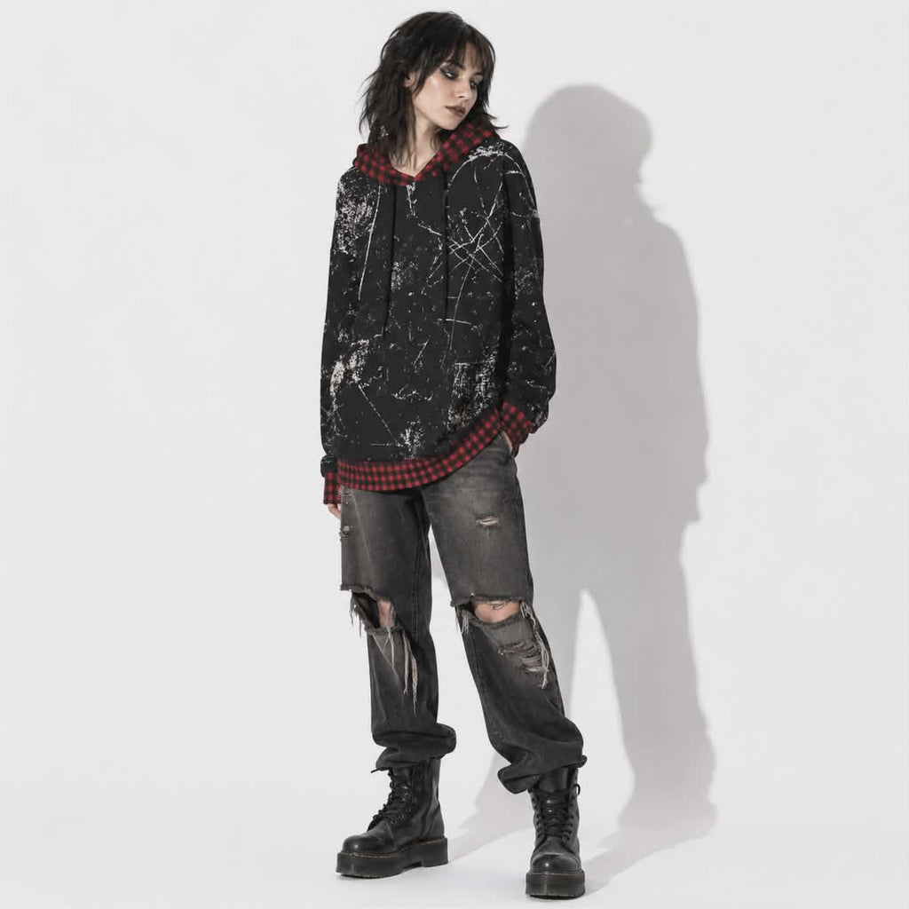 Grunge Chaos Oversized Hoodie | Red Tartan Distressed Streetwear