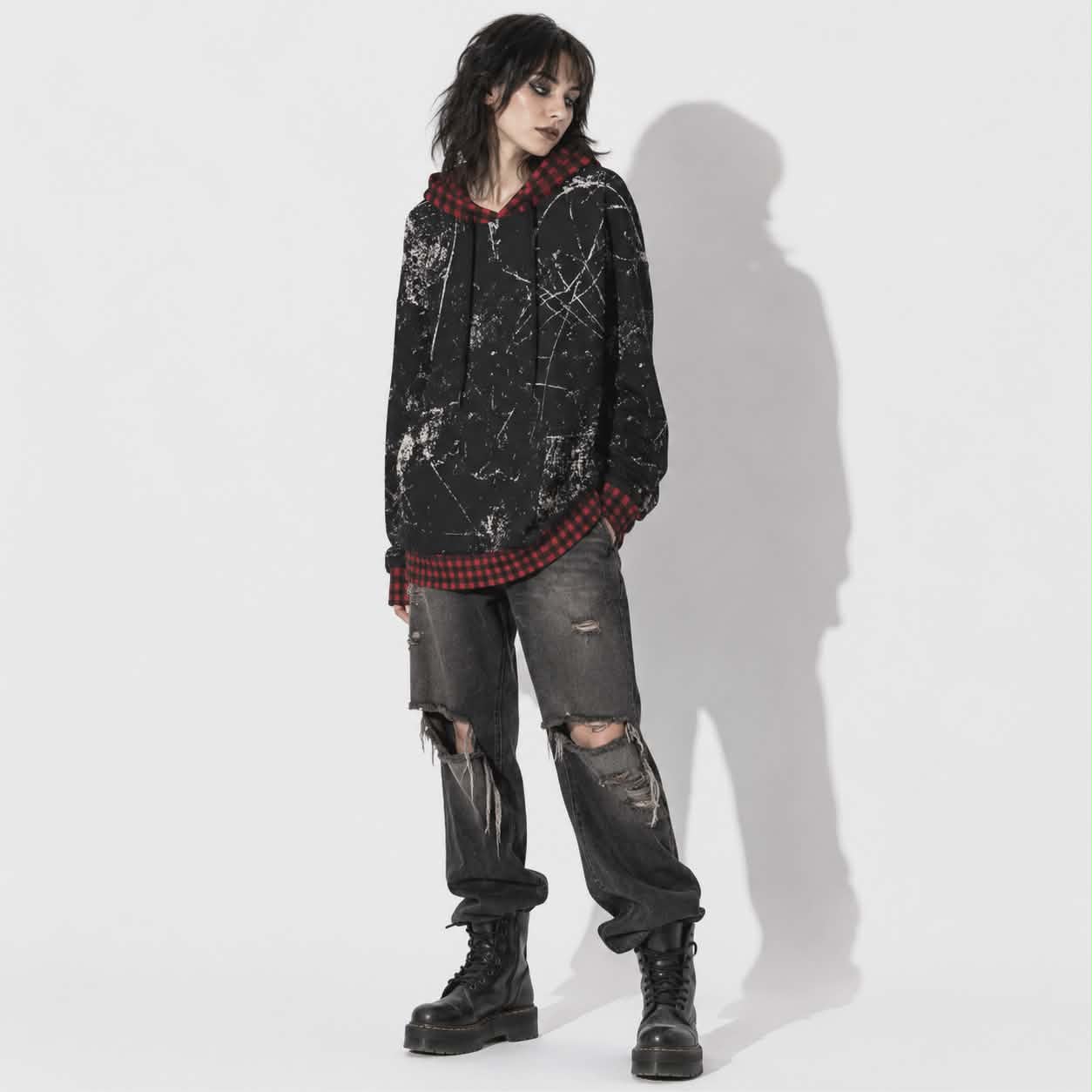 Grunge Chaos Oversized Hoodie | Red Tartan Distressed Streetwear