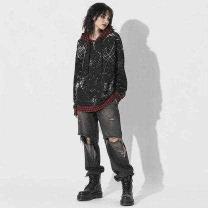 Grunge Chaos Oversized Hoodie | Red Tartan Distressed Streetwear