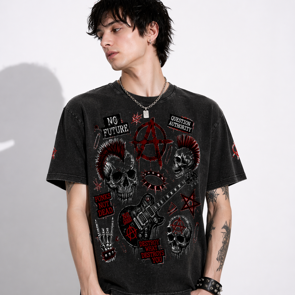 Boxy Punk Rebel Anarchy T-Shirt | Textured Waffle Knit | Cotton Mix 250gsm