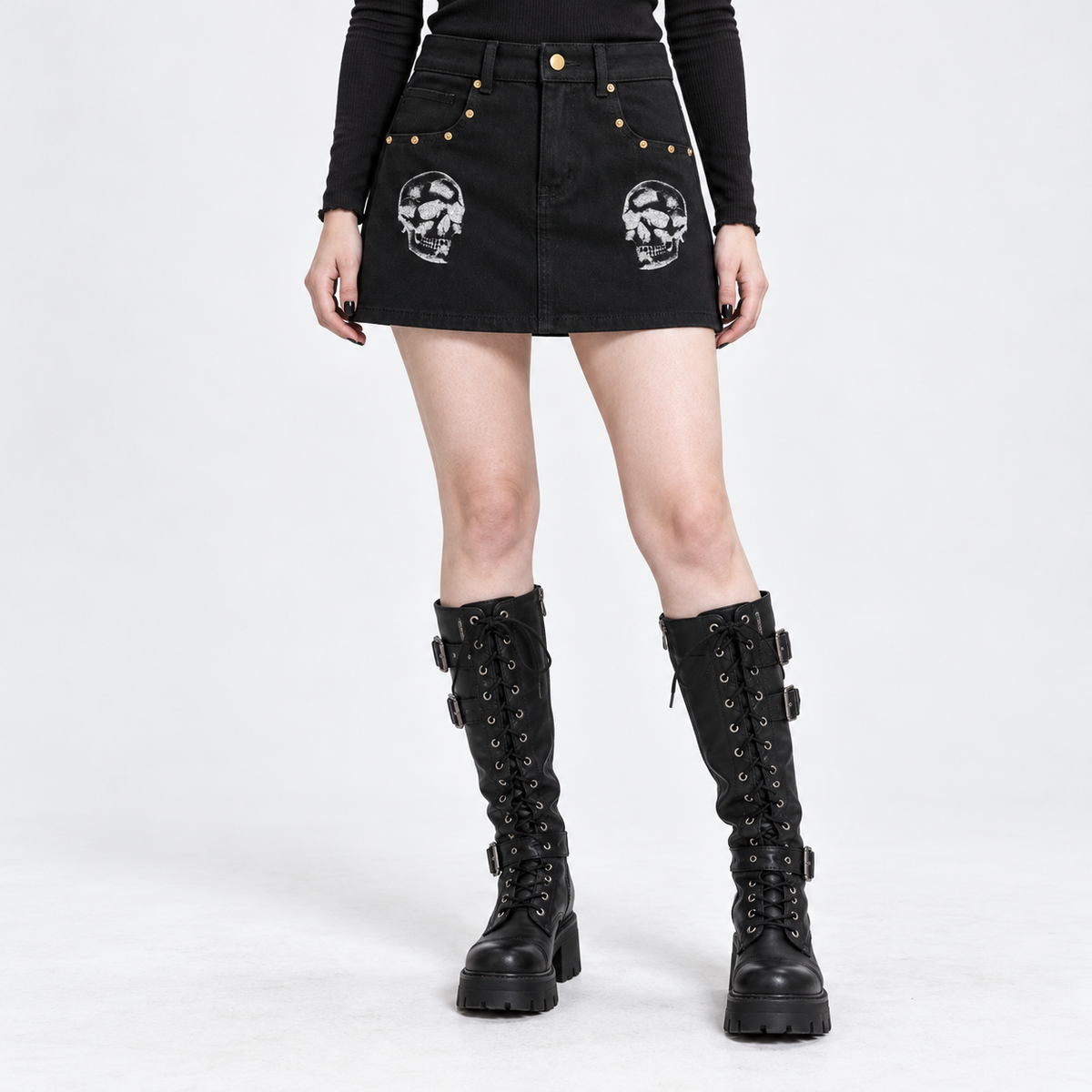Black Gothic Punk Denim Mini Skirt with Skull Prints | Skull Rebellion – 390 GSM