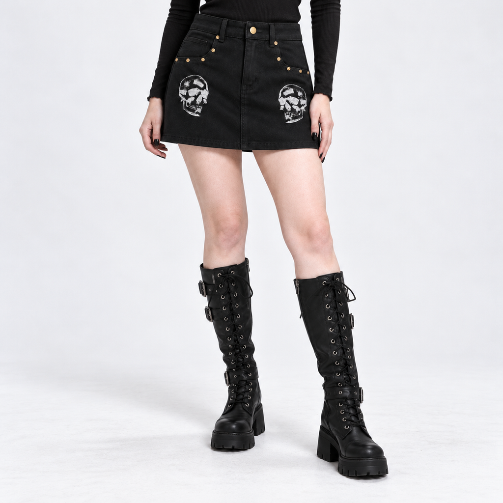 Black Gothic Punk Denim Mini Skirt with Skull Prints | Skull Rebellion – 390 GSM