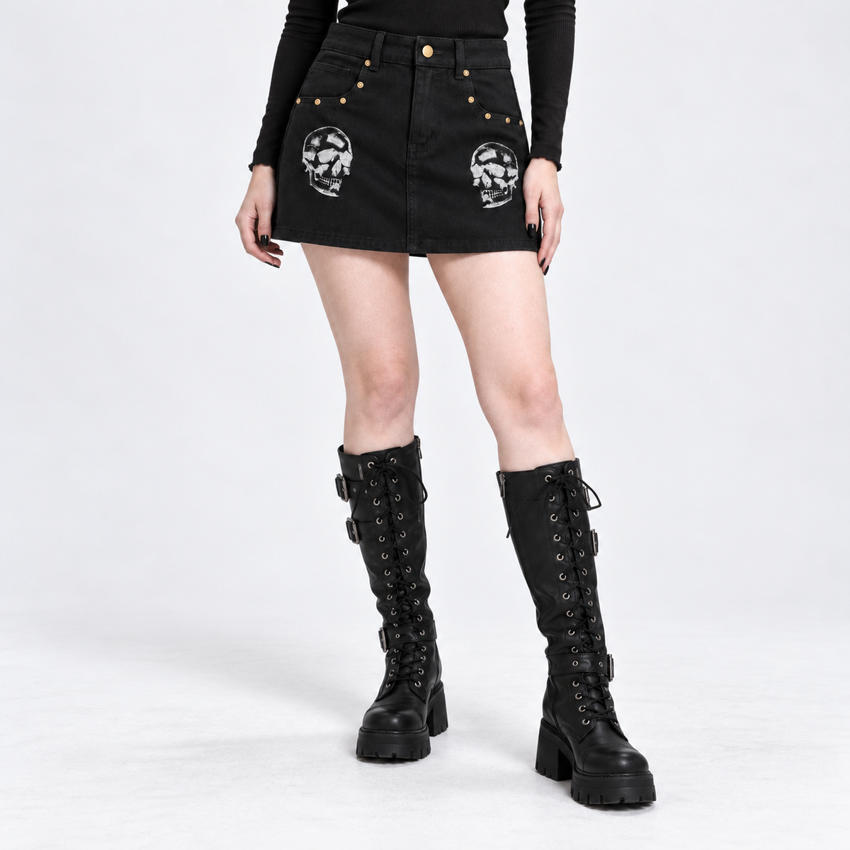 Black Gothic Punk Denim Mini Skirt with Skull Prints | Skull Rebellion – 390 GSM
