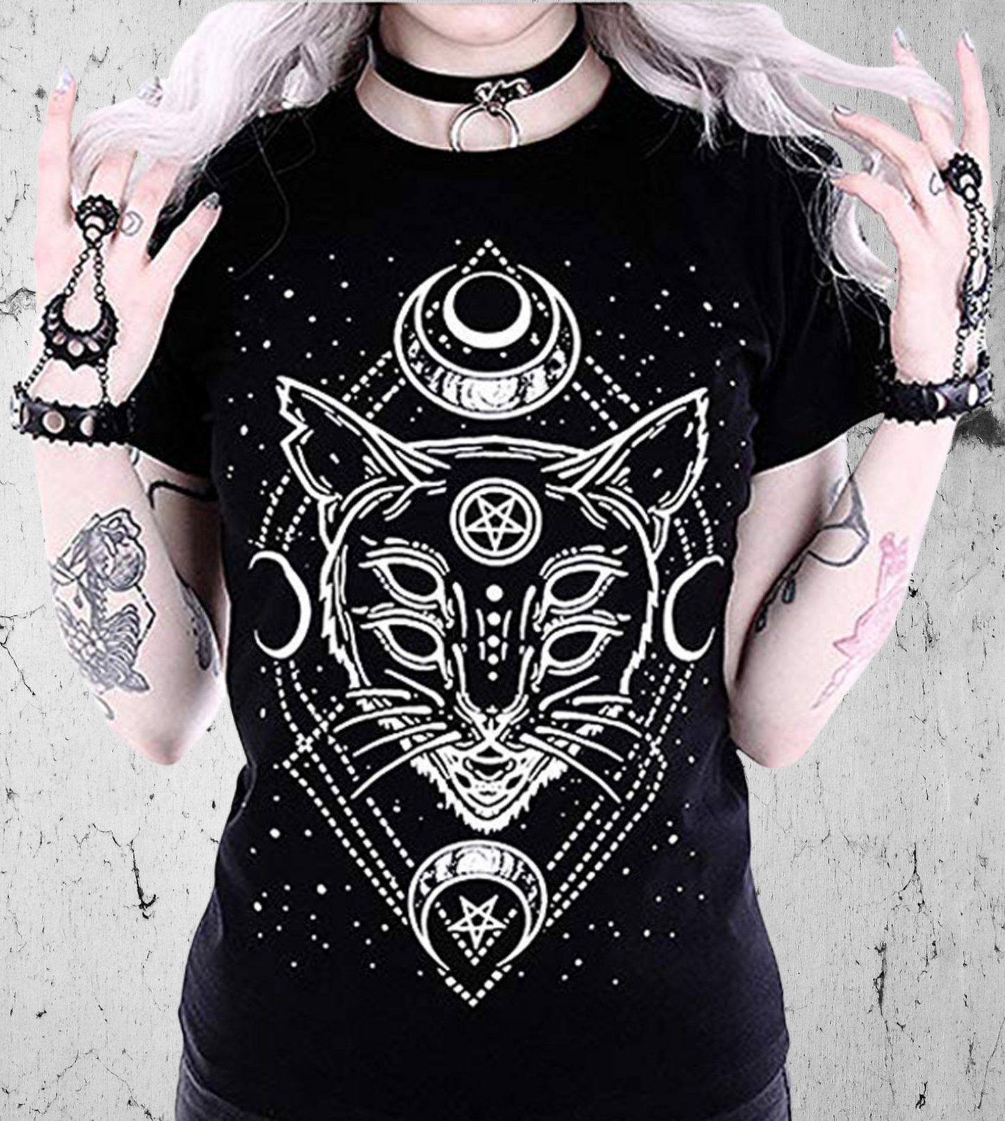Gothic Women T-shirt with Magical Esoteric Cat