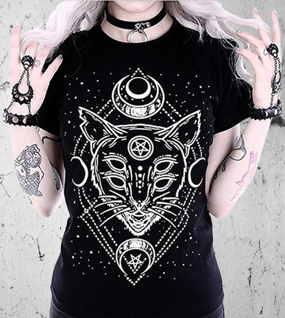 Gothic Women T-shirt with Magical Esoteric Cat