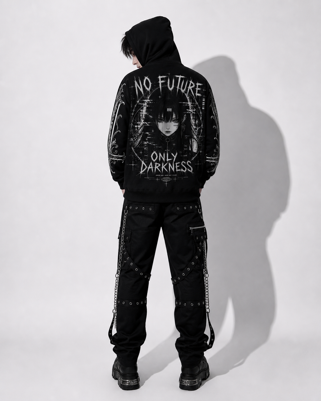 black gothic hoodie back view worn by model y2k streetwear goth style