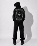 black gothic hoodie back view worn by model y2k streetwear goth style