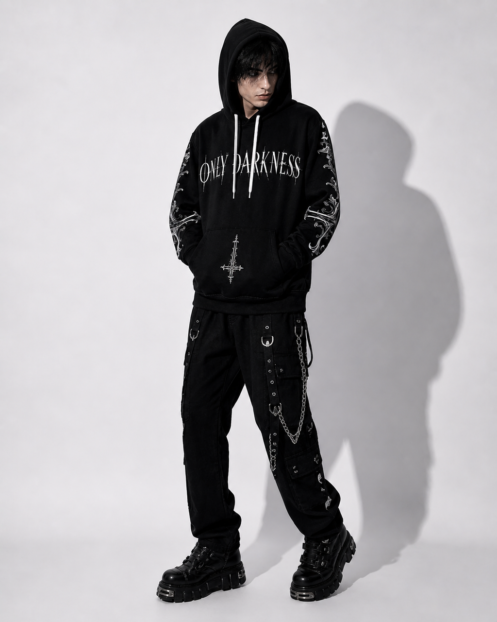 y2k harajuku goth hoodie black only darkness design front outfit streetwear
