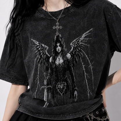 Gothic Oversize Vintage Washed T-Shirt | Dark Fallen Angel | Y2K Goth Washed Tee 190 GSM