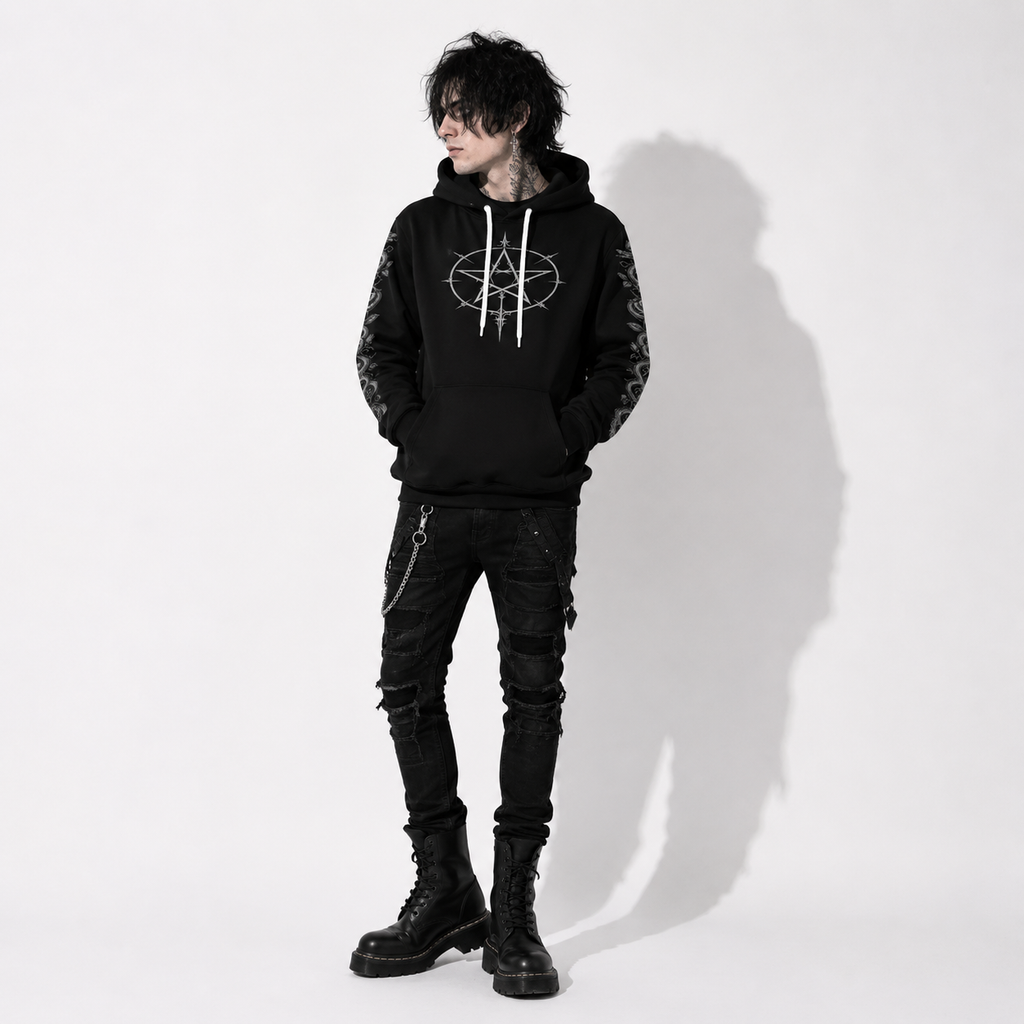 dark fantasy gothic hoodie with pentagram symbol and kangaroo pocket black streetwear hoodie front view