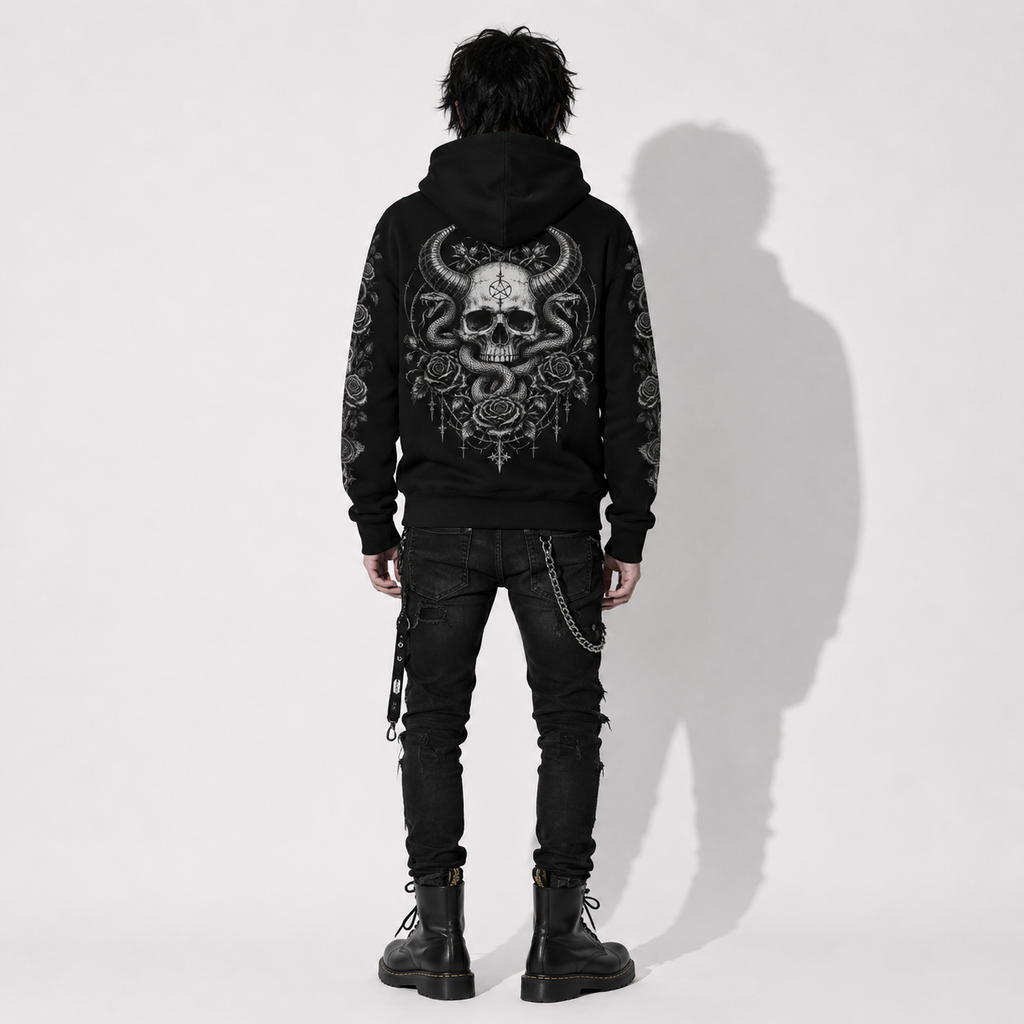 back view model in dark fantasy gothic hoodie with serpent skull artwork metal inspired streetwear style