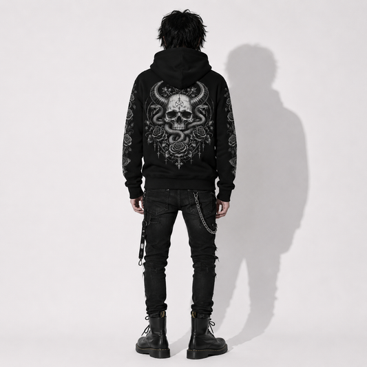 back view model in dark fantasy gothic hoodie with serpent skull artwork metal inspired streetwear style