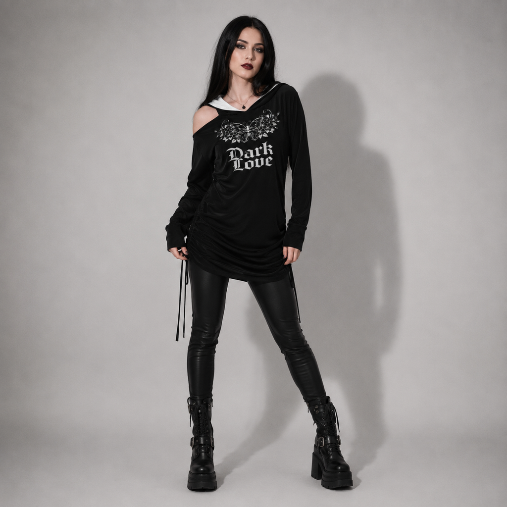 Dark Love Gothic Hoodie Dress – Asymmetrical One Shoulder Hooded Dress | Gothic | Darkwear | Alternative Fashion