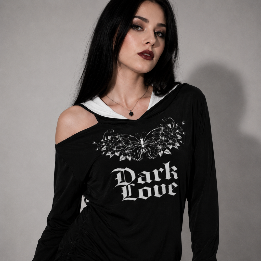 Dark Love Gothic Hoodie Dress – Asymmetrical One Shoulder Hooded Dress | Gothic | Darkwear | Alternative Fashion