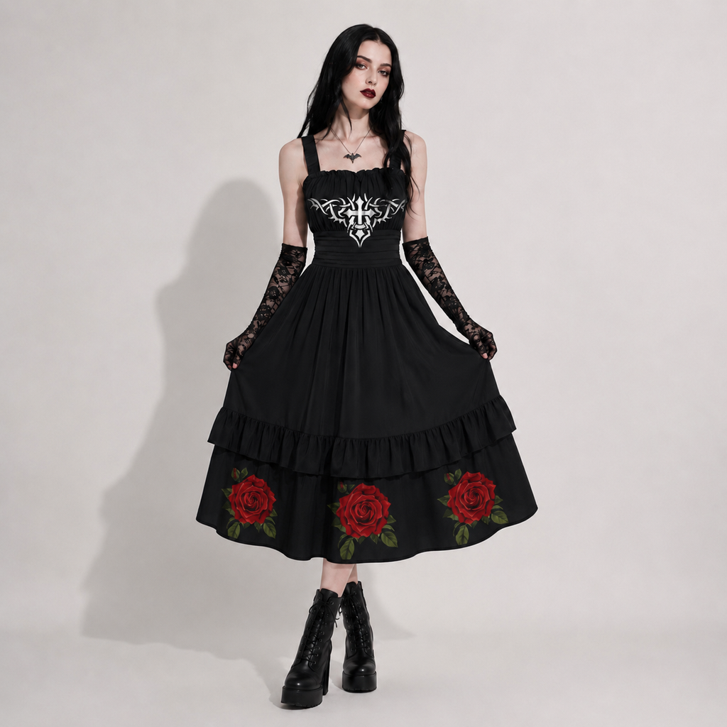 Rose & Pain Cross Gothic Dress | Black Gothic Rose Dress with Cross Print and Ruffle Hem
