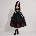 Rose & Pain Cross Gothic Dress | Black Gothic Rose Dress with Cross Print and Ruffle Hem