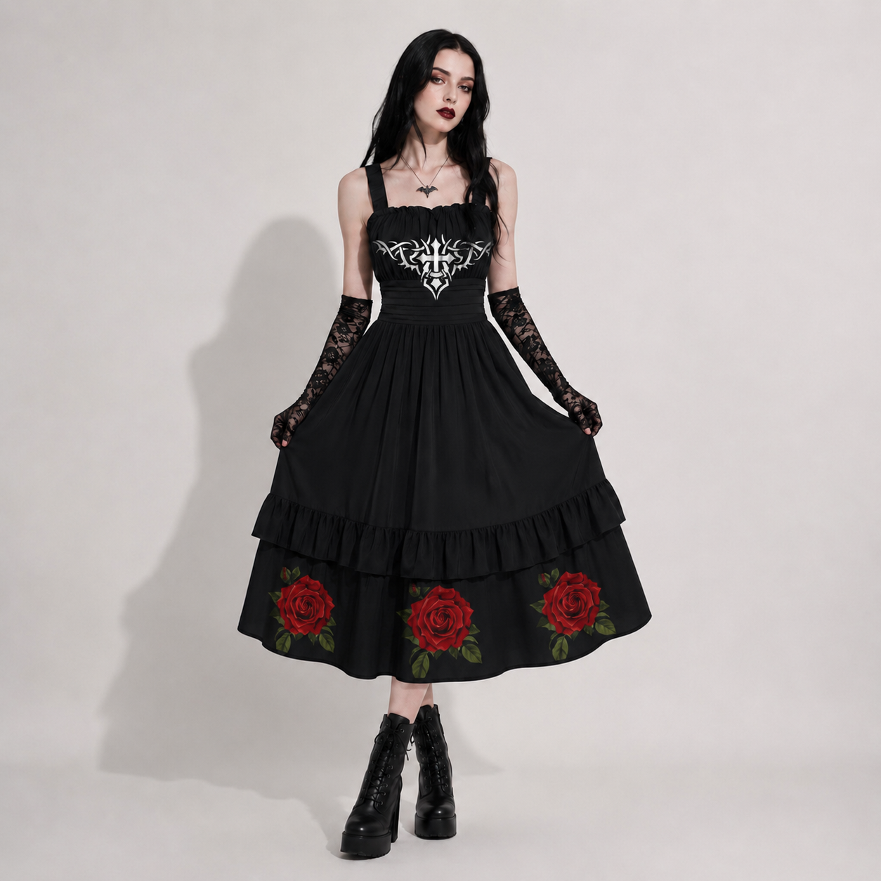 Rose & Pain Cross Gothic Dress | Black Gothic Rose Dress with Cross Print and Ruffle Hem
