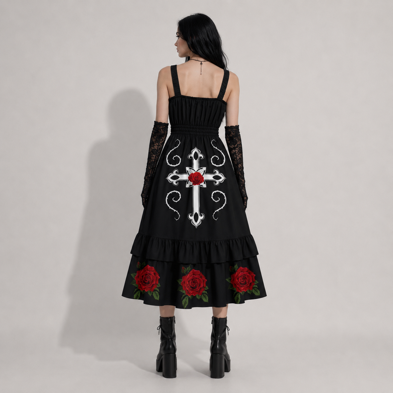 Rose & Pain Cross Gothic Dress | Black Gothic Rose Dress with Cross Print and Ruffle Hem