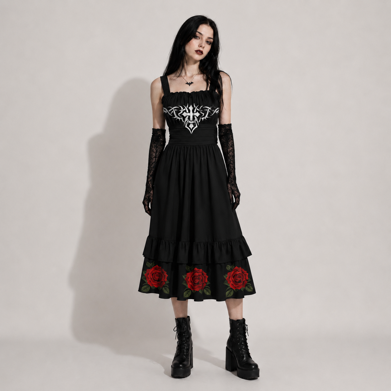 Rose & Pain Cross Gothic Dress | Black Gothic Rose Dress with Cross Print and Ruffle Hem
