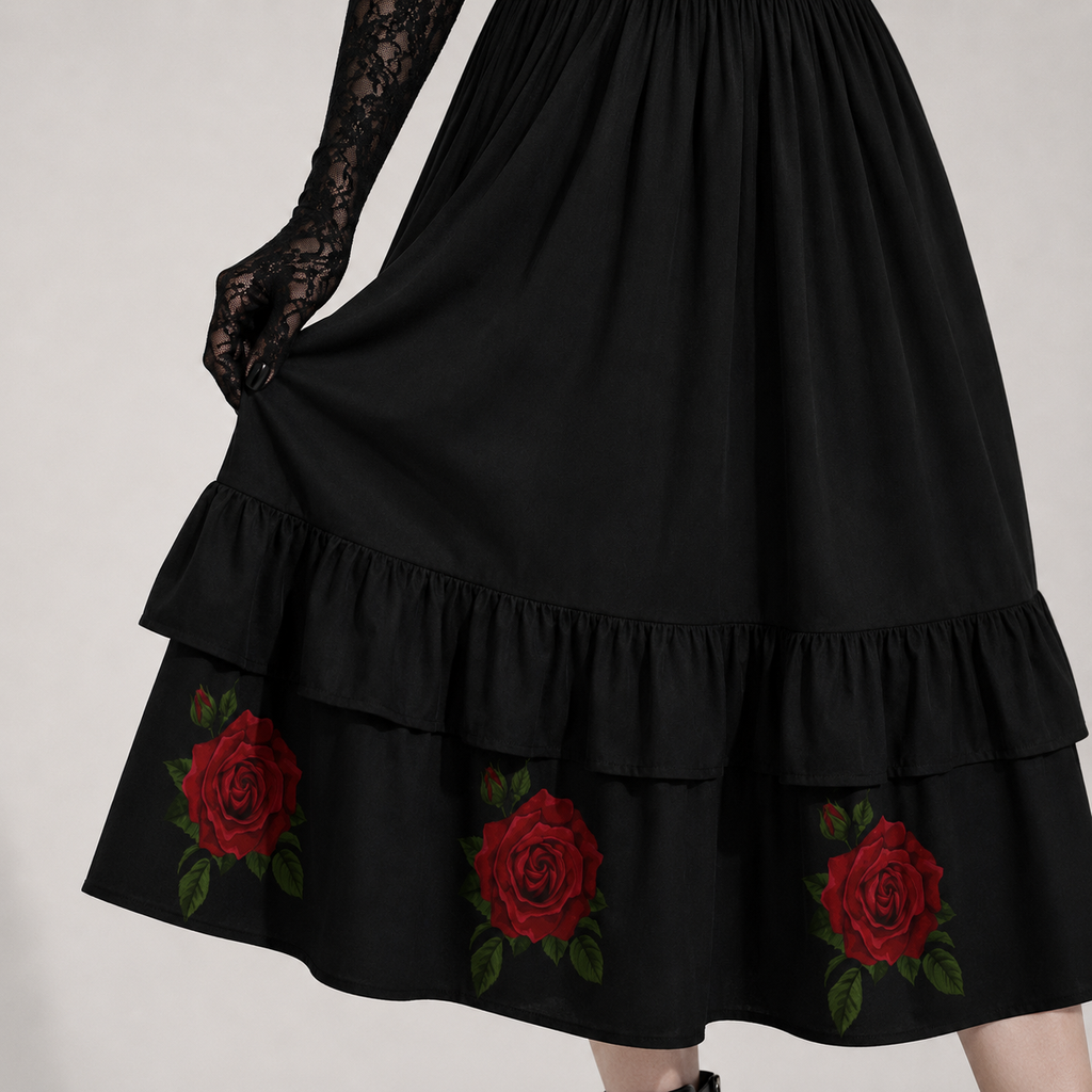 Rose & Pain Cross Gothic Dress | Black Gothic Rose Dress with Cross Print and Ruffle Hem