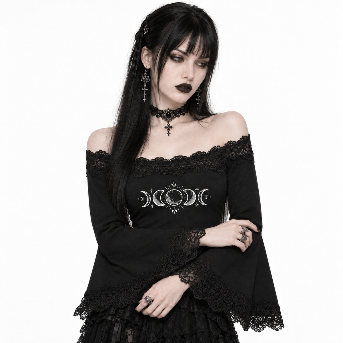 Romantic Gothic Lace Off-Shoulder Top with Bell Sleeves | Lunar Veil – Black Rose