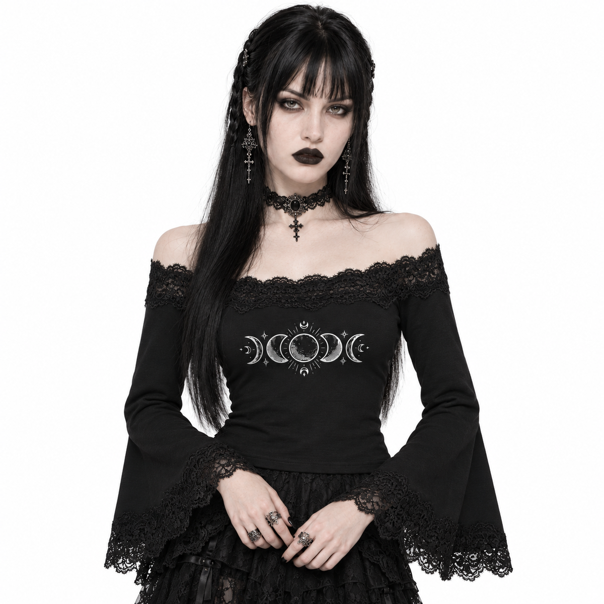 Romantic Gothic Lace Off-Shoulder Top with Bell Sleeves | Lunar Veil – Black Rose