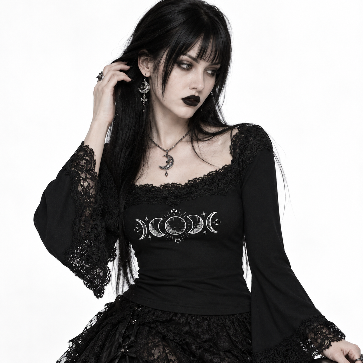 Romantic Gothic Lace Off-Shoulder Top with Bell Sleeves | Lunar Veil – Black Rose