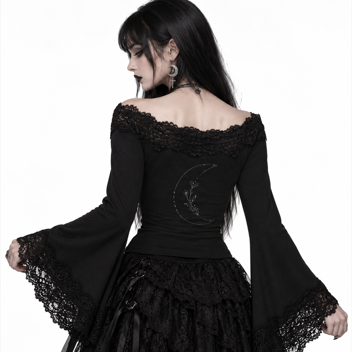 Romantic Gothic Lace Off-Shoulder Top with Bell Sleeves | Lunar Veil – Black Rose