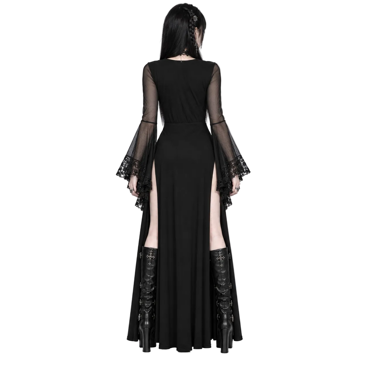Gothic Maxi Dress with High Slits & Lace Bell Sleeves | Fairy Gothic