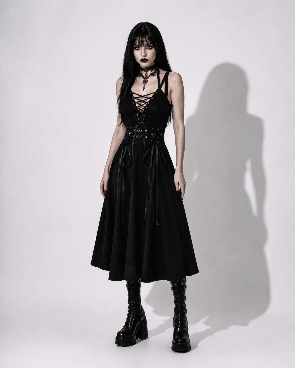 Gothic Ribbon Dress – Black A-Line High Waist Gothic Dress | Dark Aesthetic Midi Dress