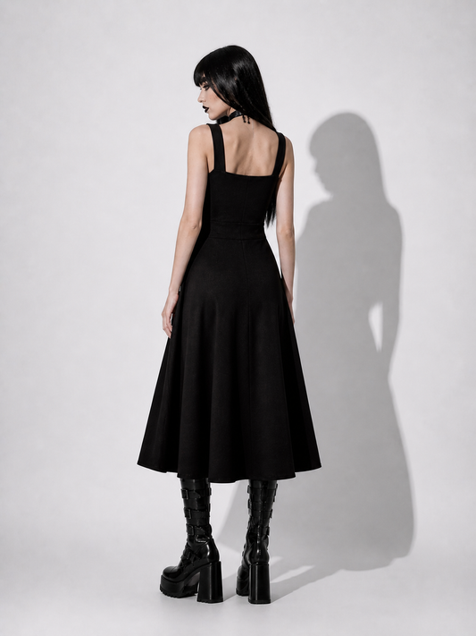 Gothic Ribbon Dress – Black A-Line High Waist Gothic Dress | Dark Aesthetic Midi Dress