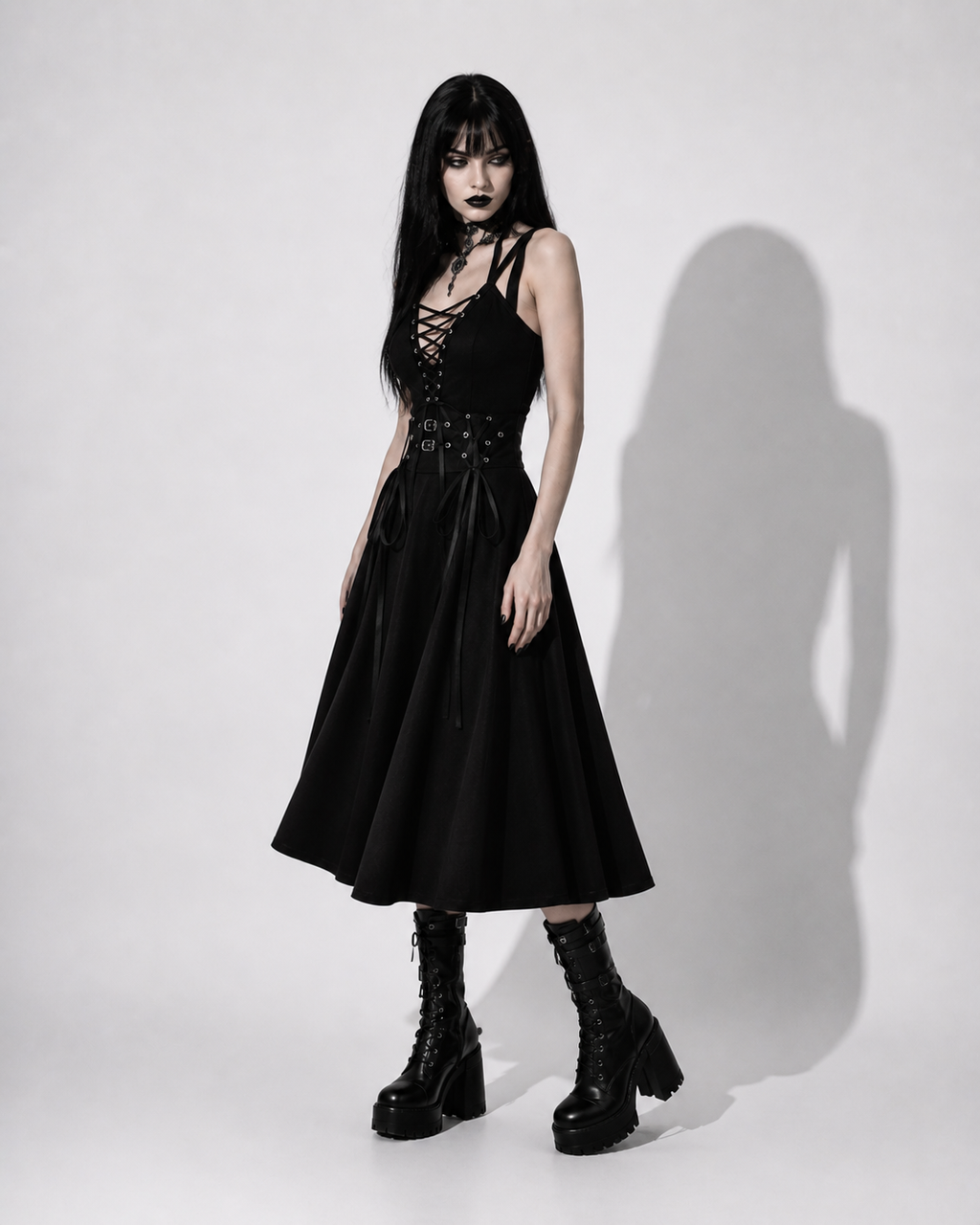Gothic Ribbon Dress – Black A-Line High Waist Gothic Dress | Dark Aesthetic Midi Dress
