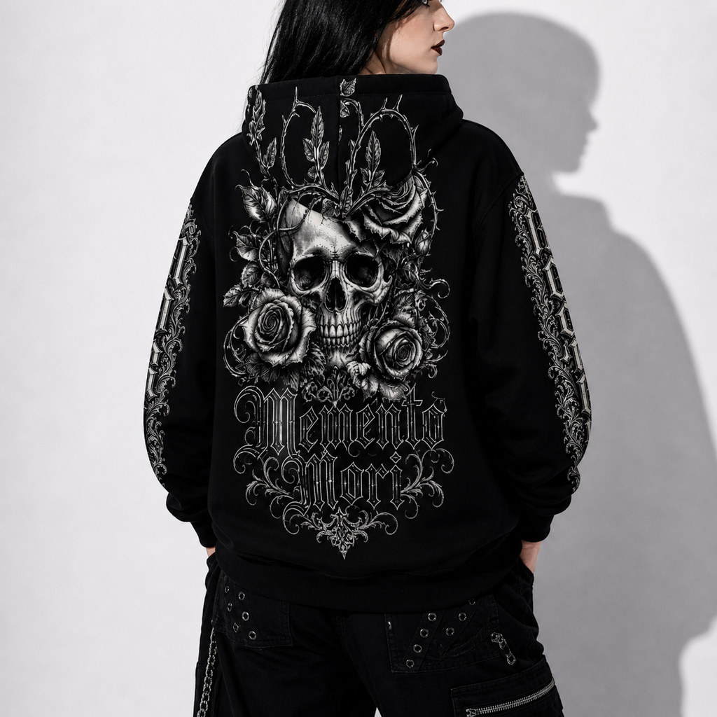 gothic hoodie memento mori back view model with skull design victorian gothic style