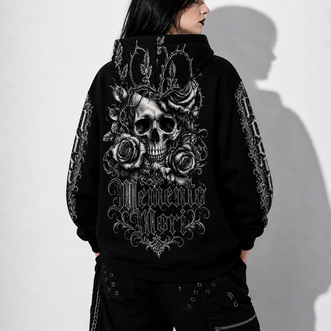 gothic hoodie memento mori back view model with skull design victorian gothic style