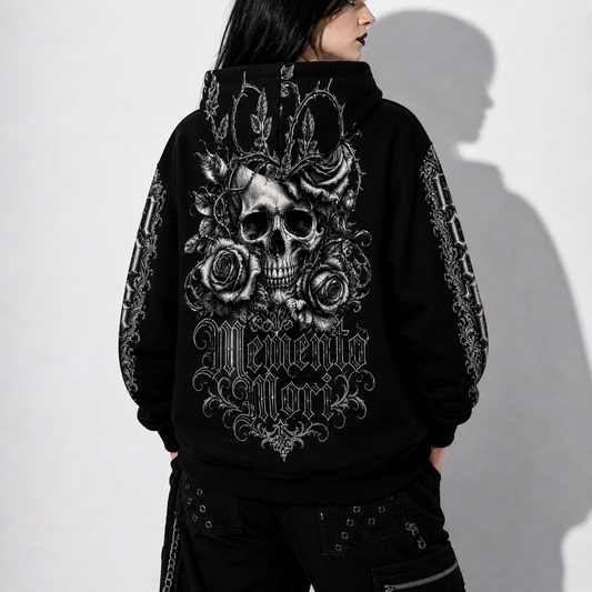 gothic hoodie memento mori back view model with skull design victorian gothic style