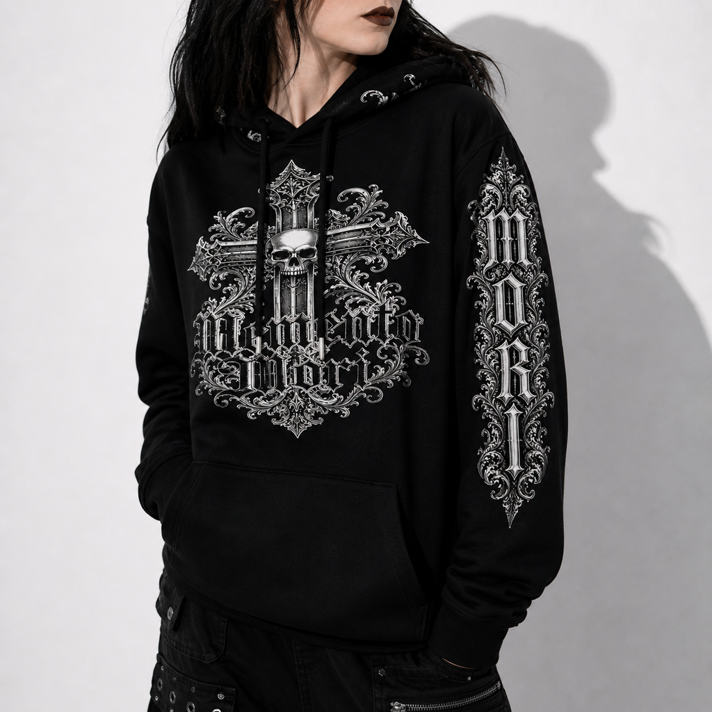 gothic hoodie memento mori black victorian style front view model outfit