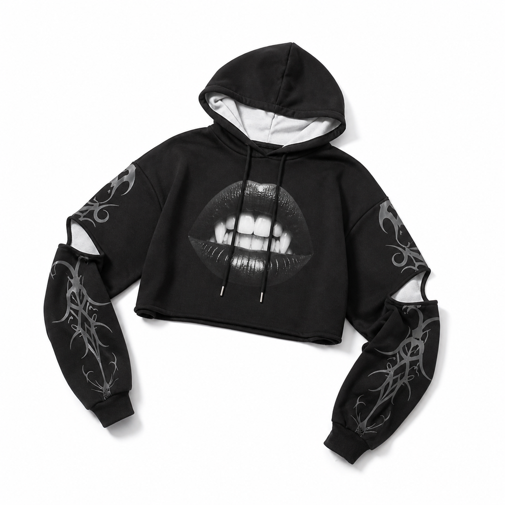 black gothic crop hoodie vampire pop art design flat lay isolated on white background