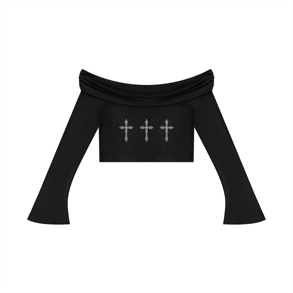 black gothic off shoulder crop top long sleeve cross print back view isolated