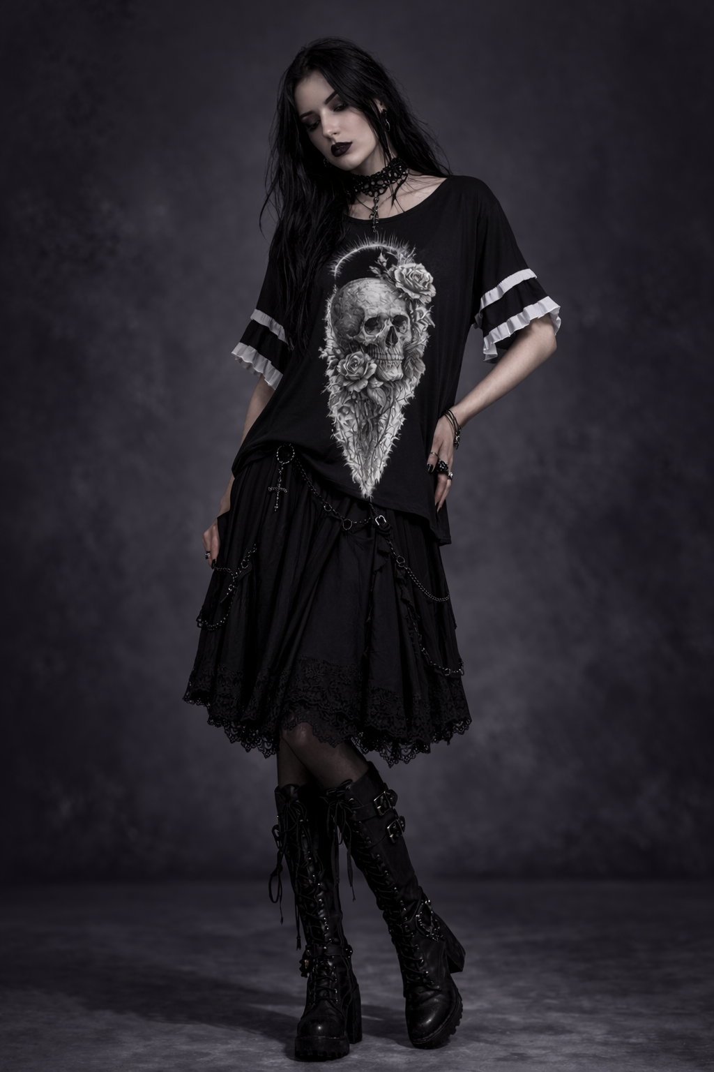 Women in a Gothic Lolita blouse with ruffles