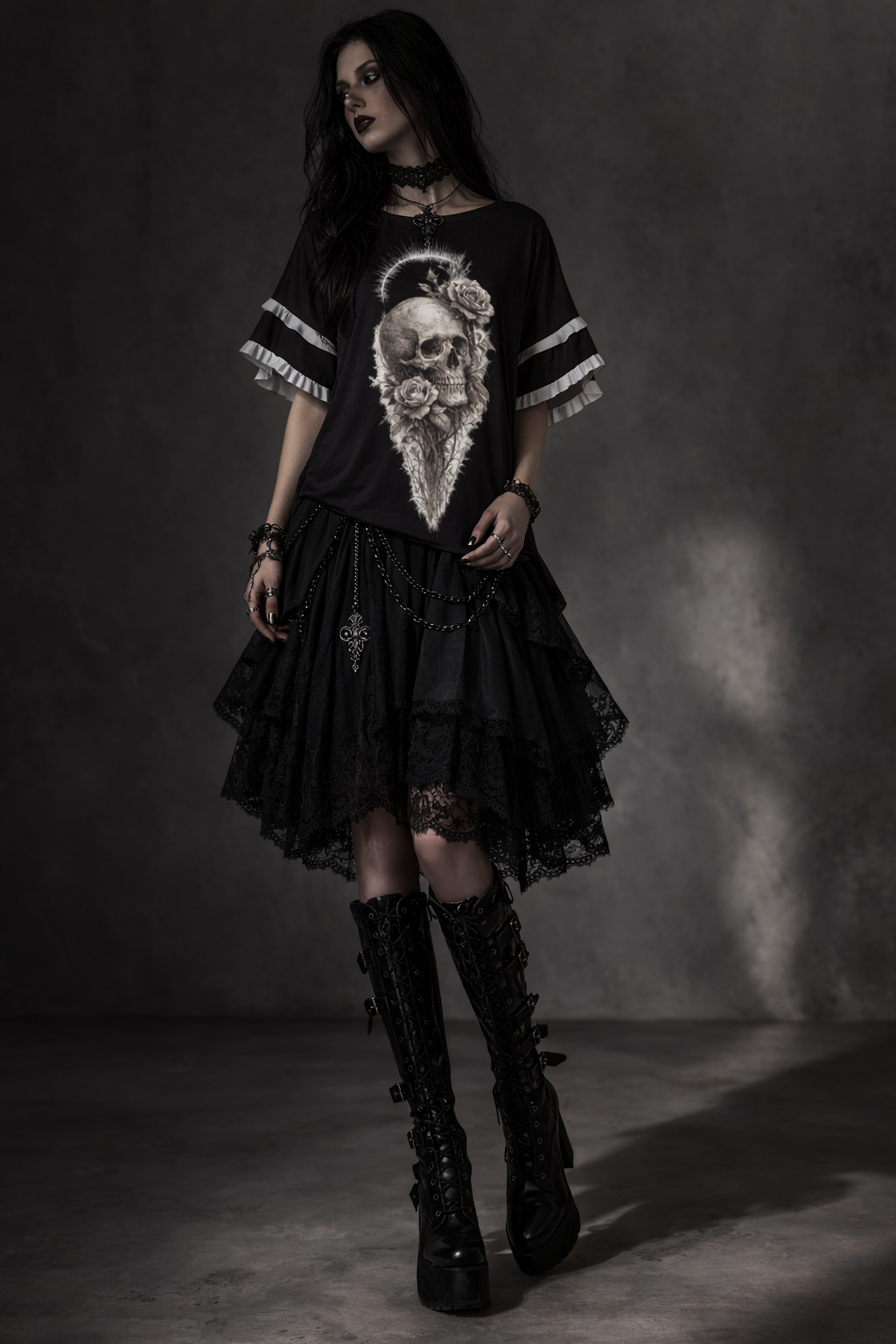 Women in a Gothic Lolita blouse with ruffles