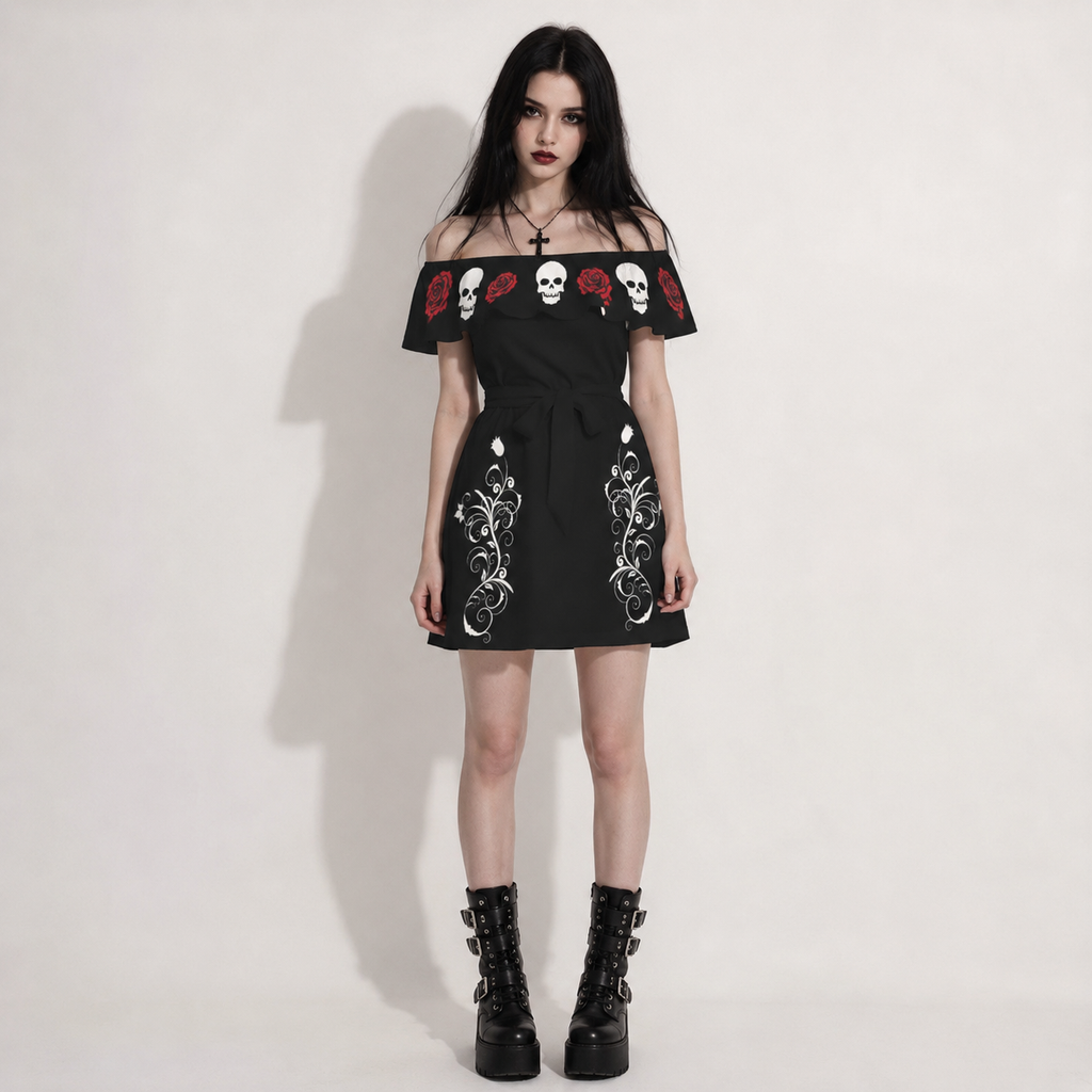 Dark Rose & Skull Gothic Off Shoulder Dress | Gothic Mini Dress