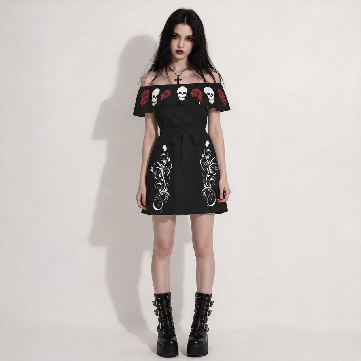 Dark Rose & Skull Gothic Off Shoulder Dress | Gothic Mini Dress