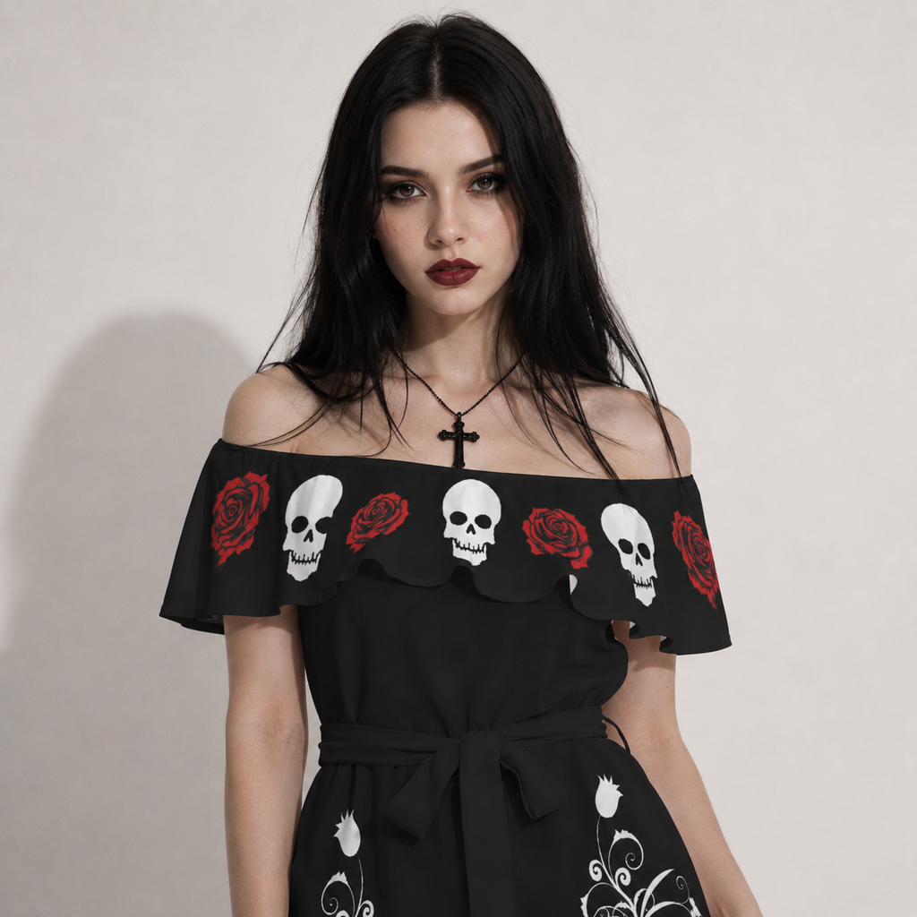 Dark Rose & Skull Gothic Off Shoulder Dress | Gothic Mini Dress