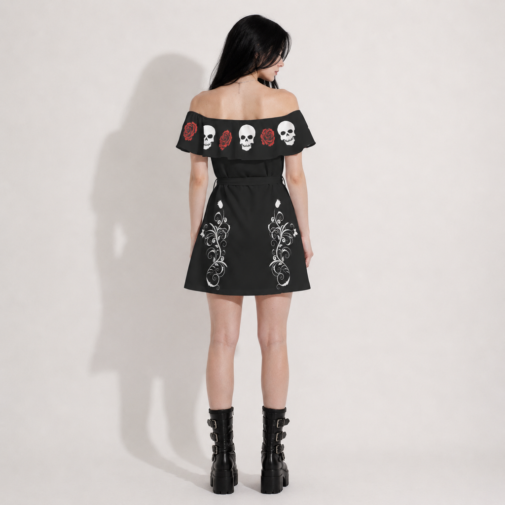 Dark Rose & Skull Gothic Off Shoulder Dress | Gothic Mini Dress
