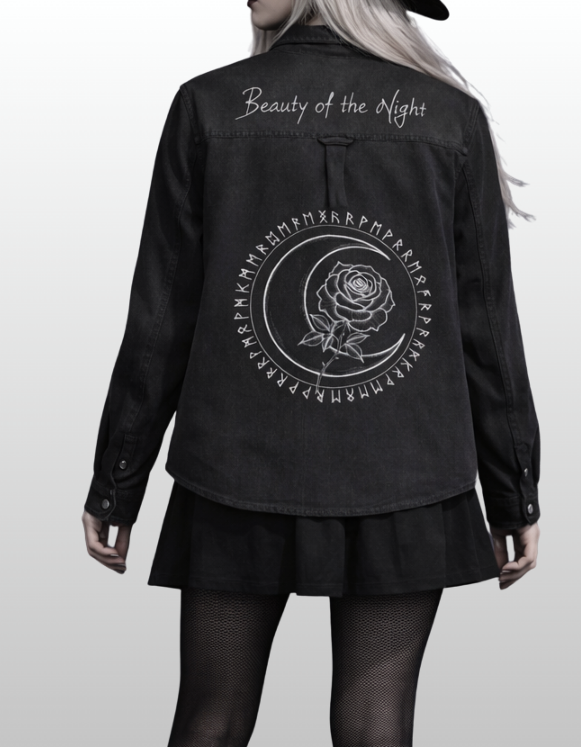 Women in black denim with gothic patchwork