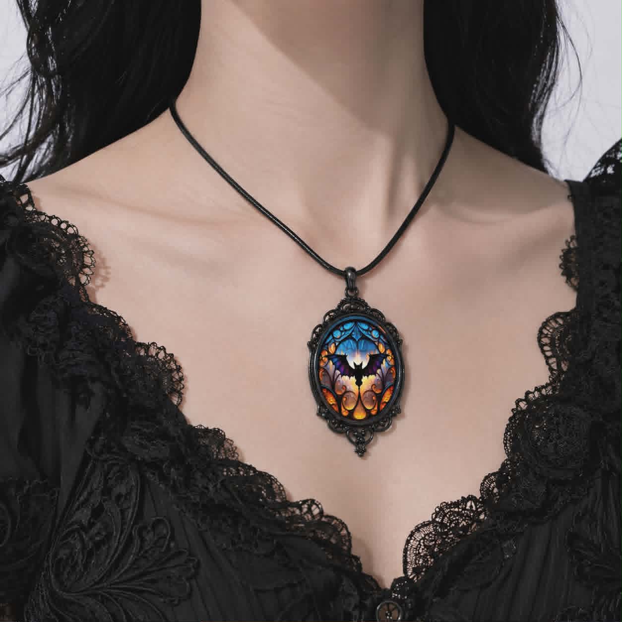 Gothic Stained Glass Bat Necklace | Midnight Cathedral Bat Necklace | Dark Gothic Pendant