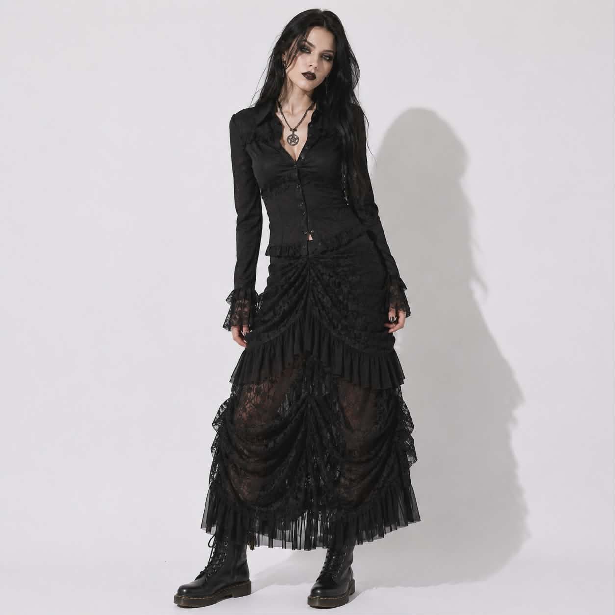 Night Kiss™ Gothic Lace Maxi Skirt | Romantic Gothic Darkwear | Elegant Alternative Black Skirt