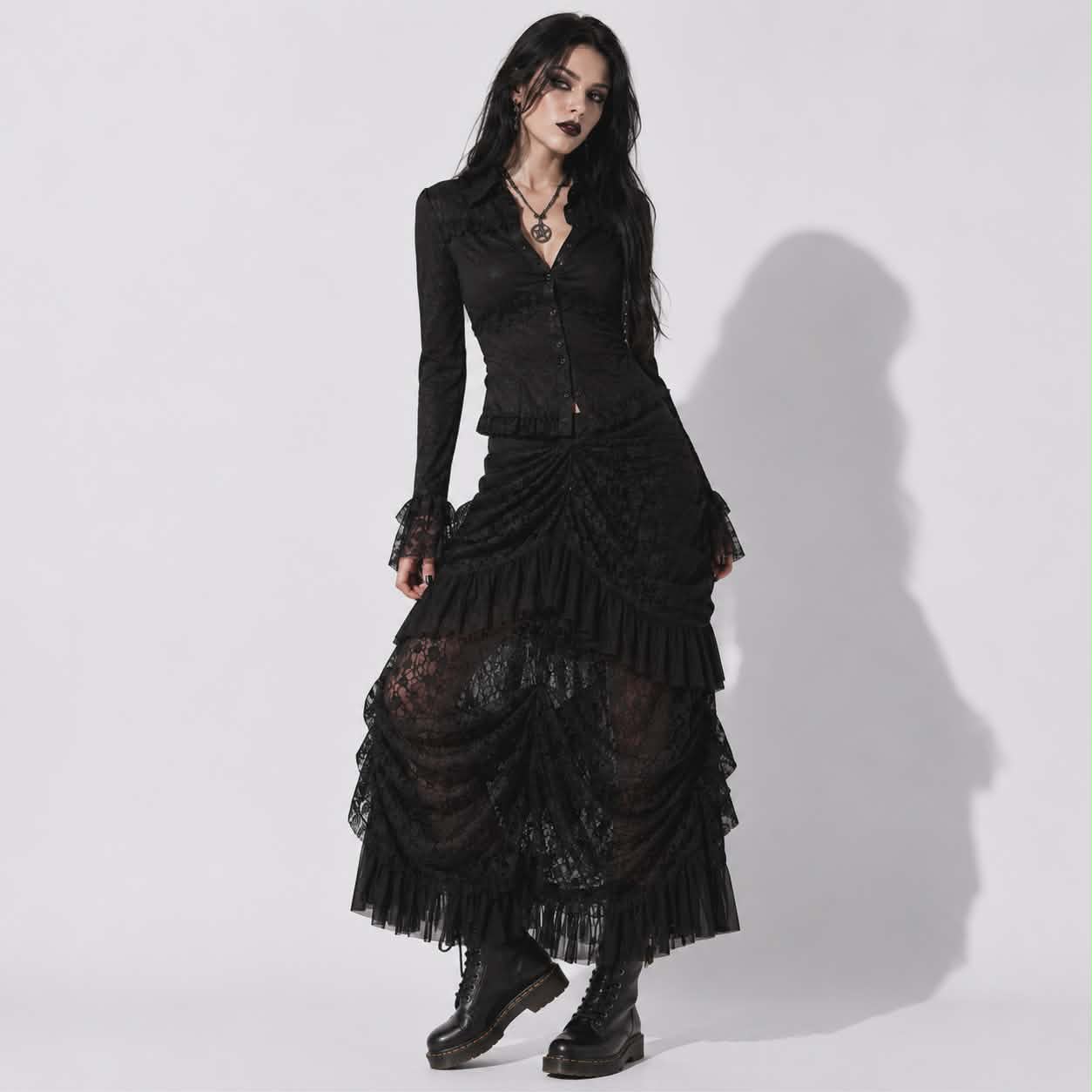 Night Kiss™ Gothic Lace Maxi Skirt | Romantic Gothic Darkwear | Elegant Alternative Black Skirt