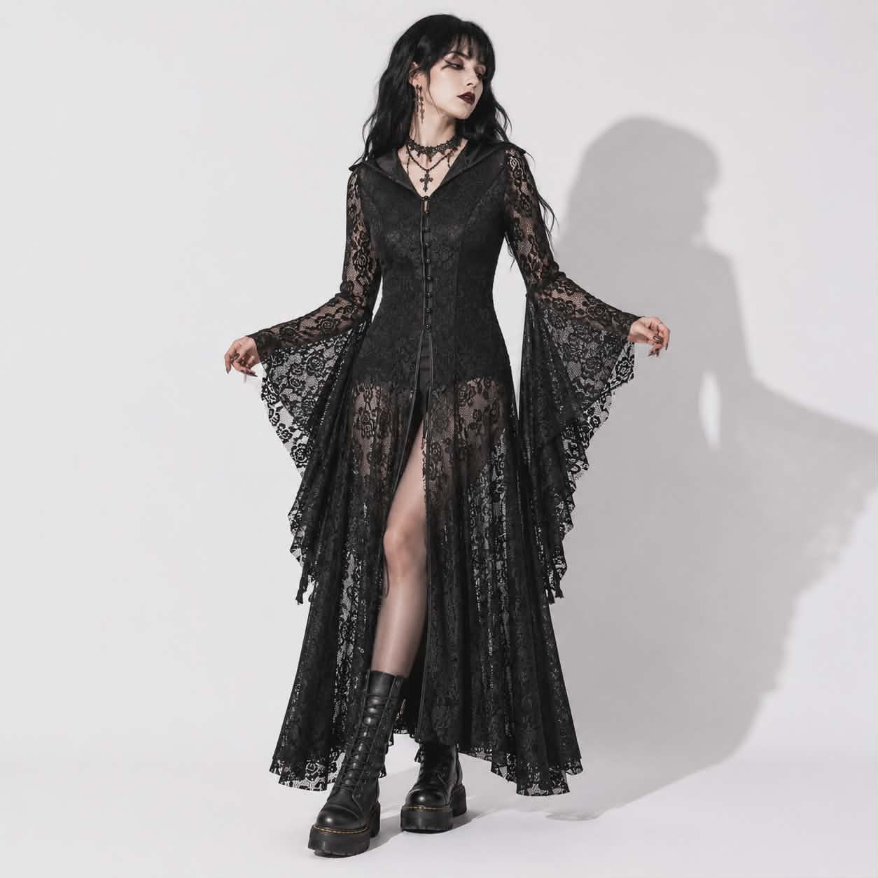 modern gothic dress June Bridals Modern Gothic Boho Lace Black and White Summer Wedding Dress Beach Vintage Unique A-Line Long Sleeve Bridal Gown with Court Train