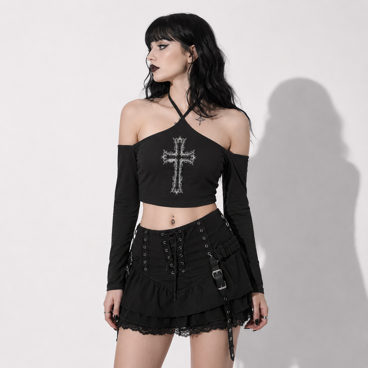 Dark Fire Cross Gothic Crop Top – Off Shoulder Long Sleeve Goth Top